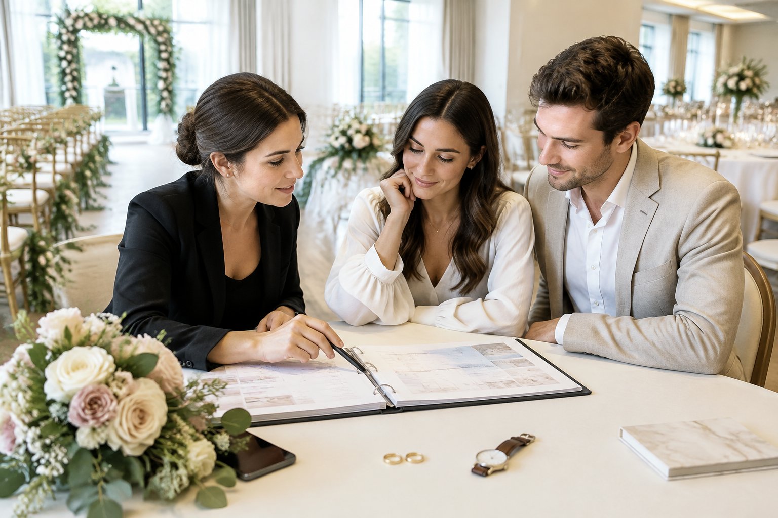A couple and wedding planner review the day’s schedule at a decorated wedding venue.