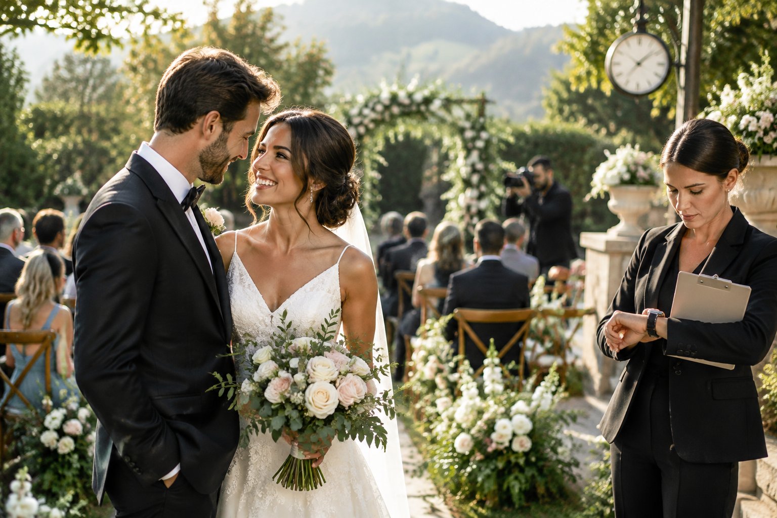 A couple shares a moment at an outdoor wedding as a planner checks a clipboard nearby.