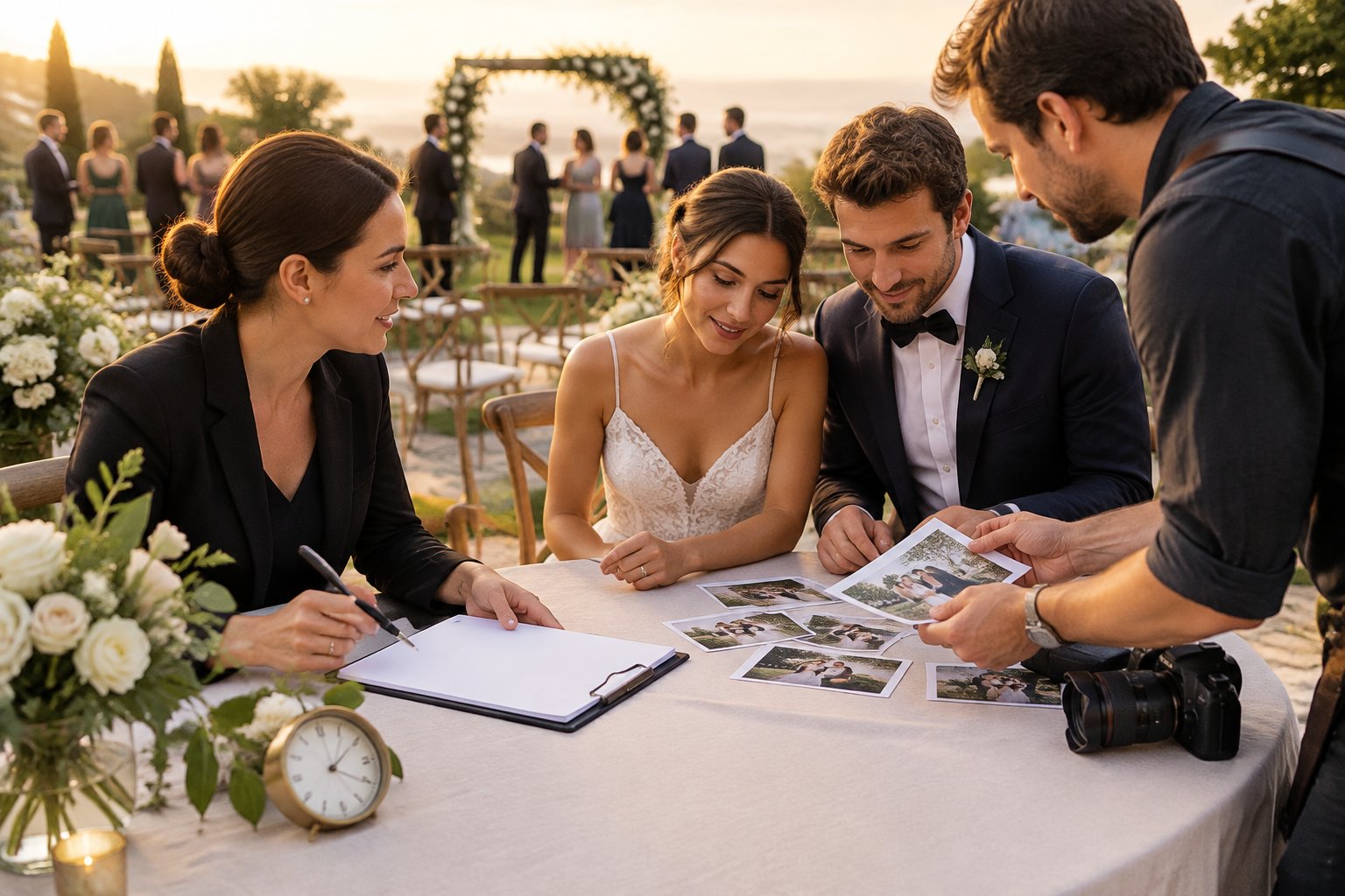 A wedding planner, couple, and photographer coordinate the schedule as guests gather near a ceremony arch.