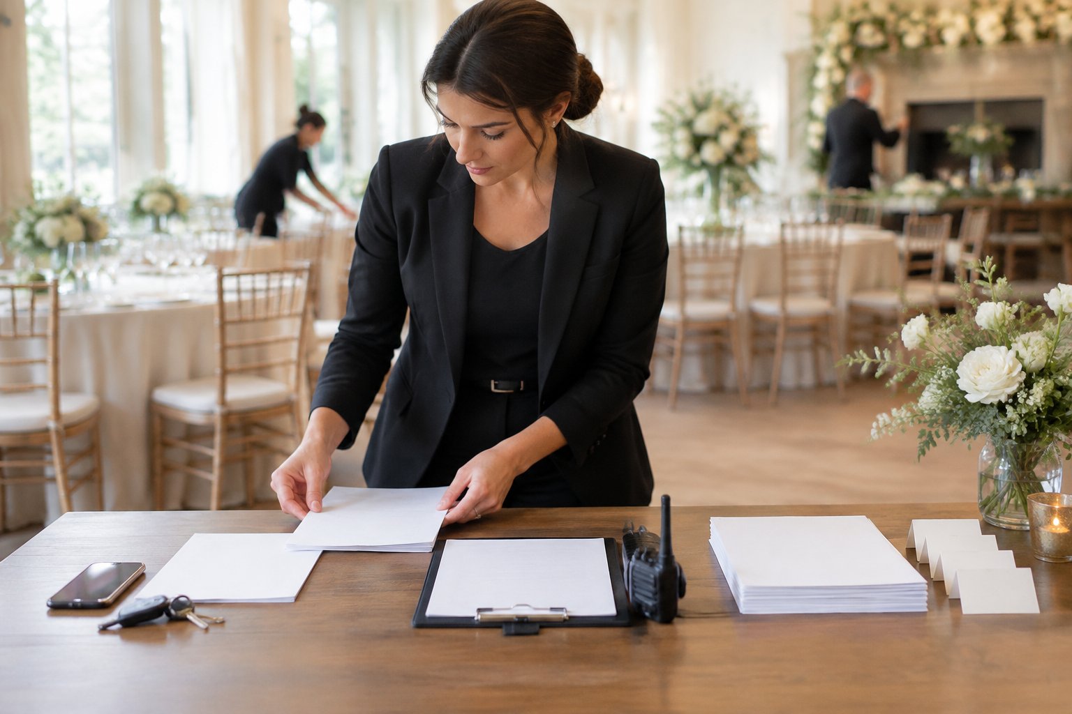 A wedding planner arranges schedules for the couple, coordinator, and wedding party.