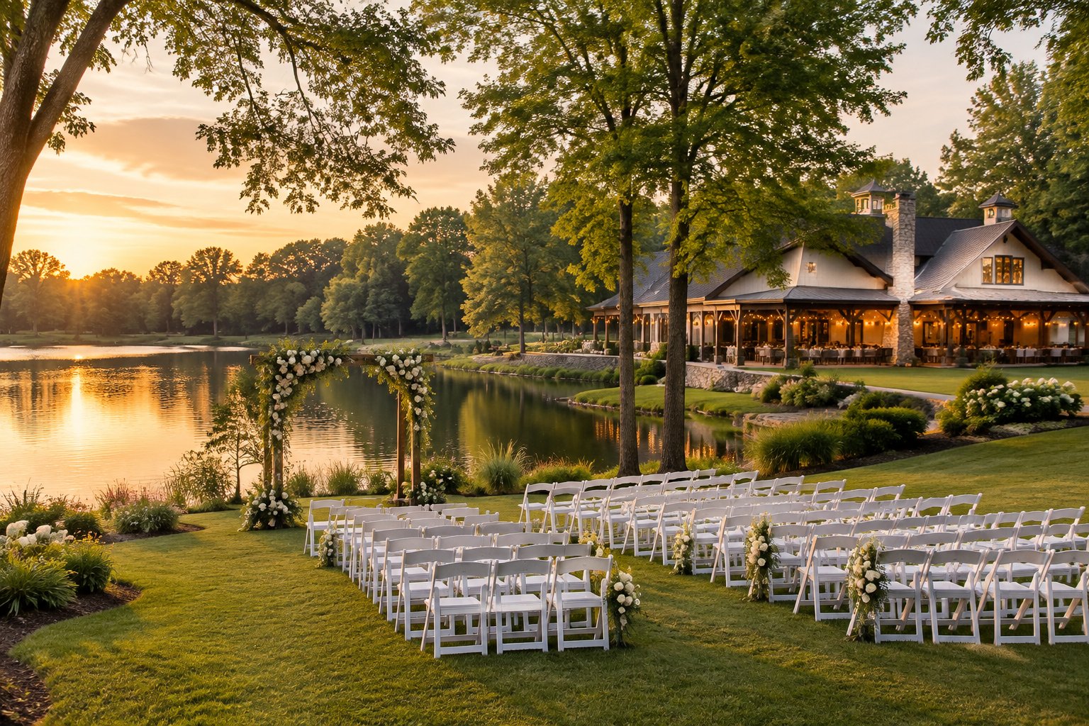 A wedding ceremony setup beside a quiet lake surrounded by trees.