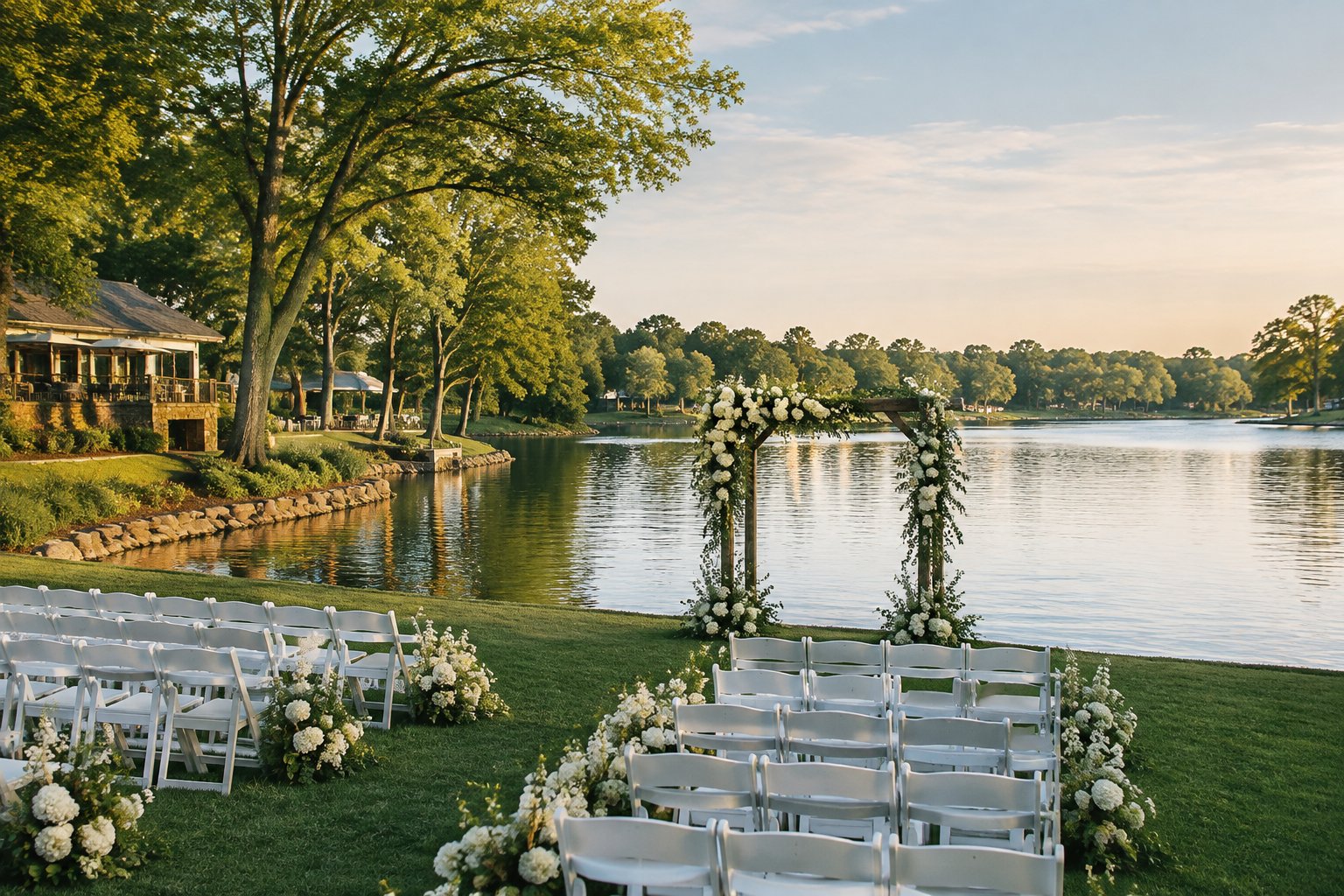 White wedding chairs face a lake beside a landscaped outdoor venue.