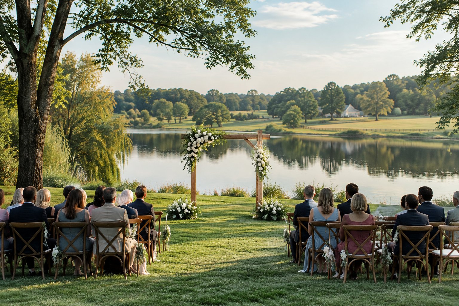 An outdoor wedding ceremony beside a lake, surrounded by trees and countryside.