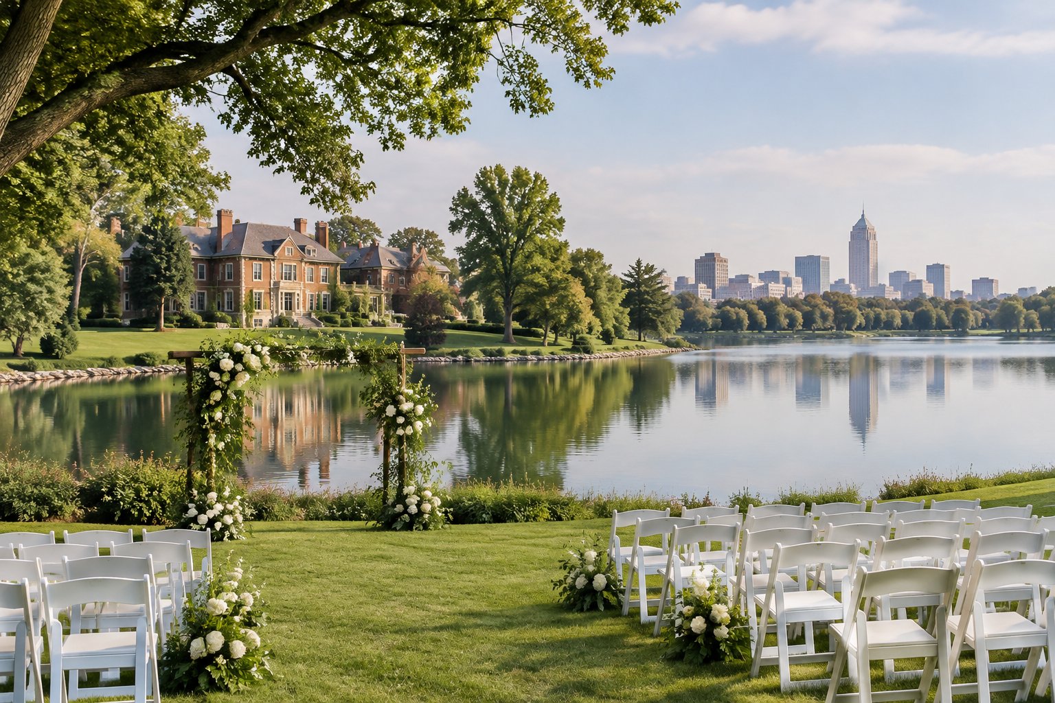 A lakeside wedding ceremony setting with a historic building and a distant city skyline.