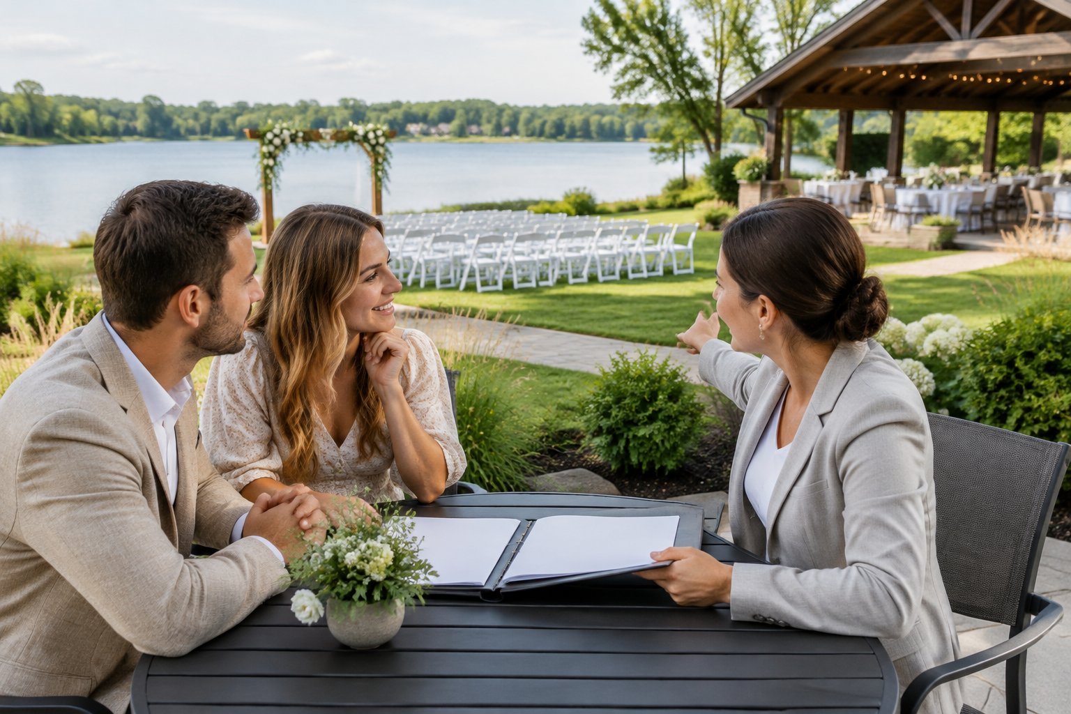 A couple reviews wedding plans with a venue coordinator beside a lakeside ceremony setup.