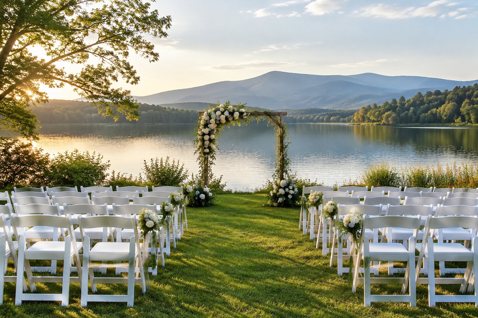 A wedding ceremony setup on a grassy lakeshore with chairs, flowers, and mountains in the distance.