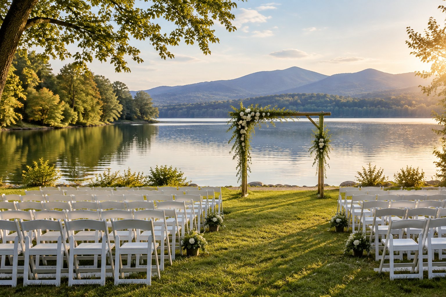 A wedding ceremony setup beside a lake with mountains in the distance.