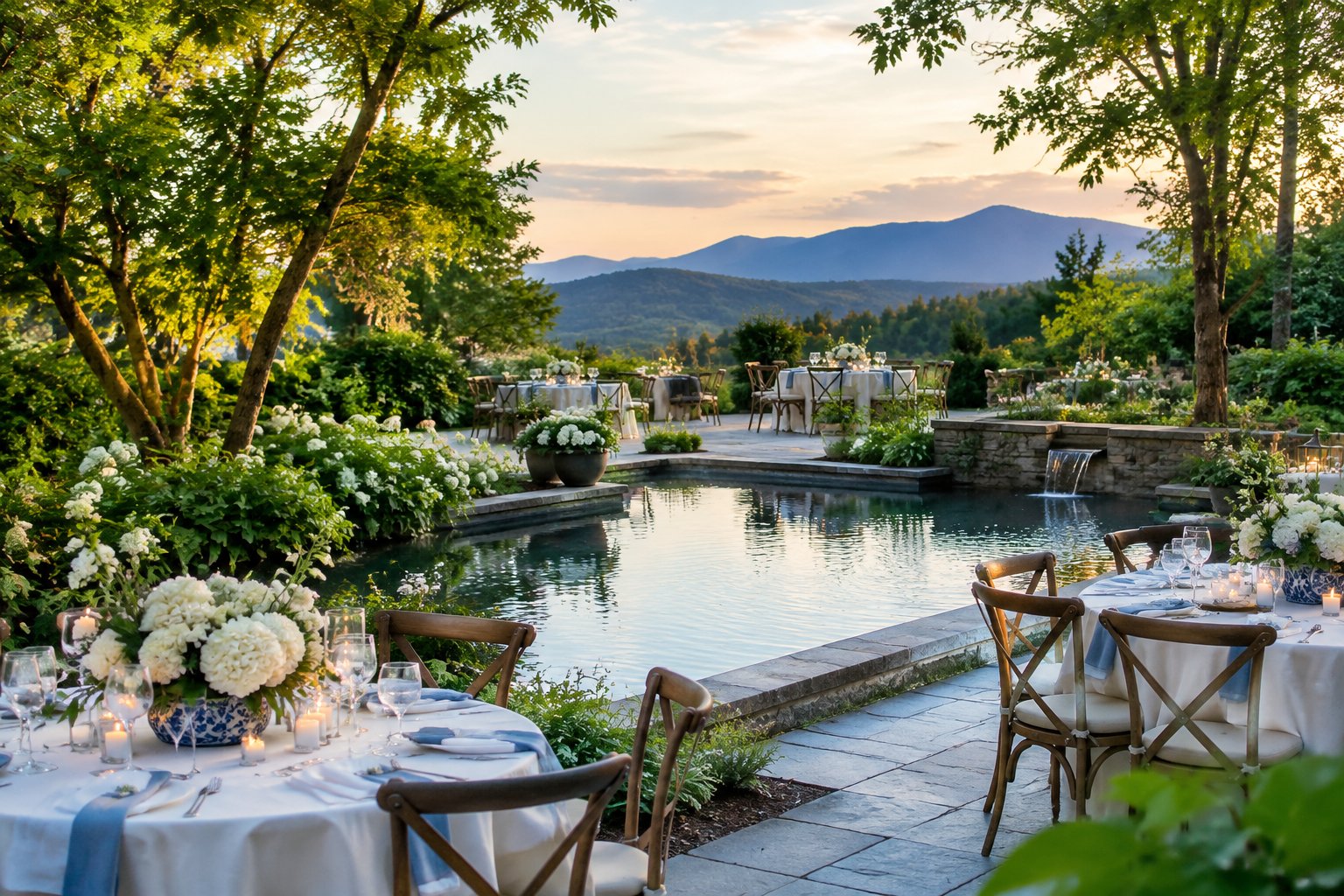 An outdoor wedding reception beside a garden water feature, with decorated tables and green hills in the distance.