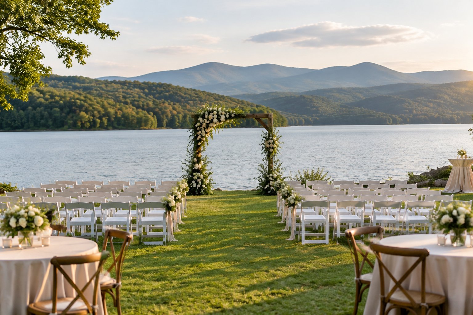 A wedding ceremony setup beside a lake with wooded hills in the distance.