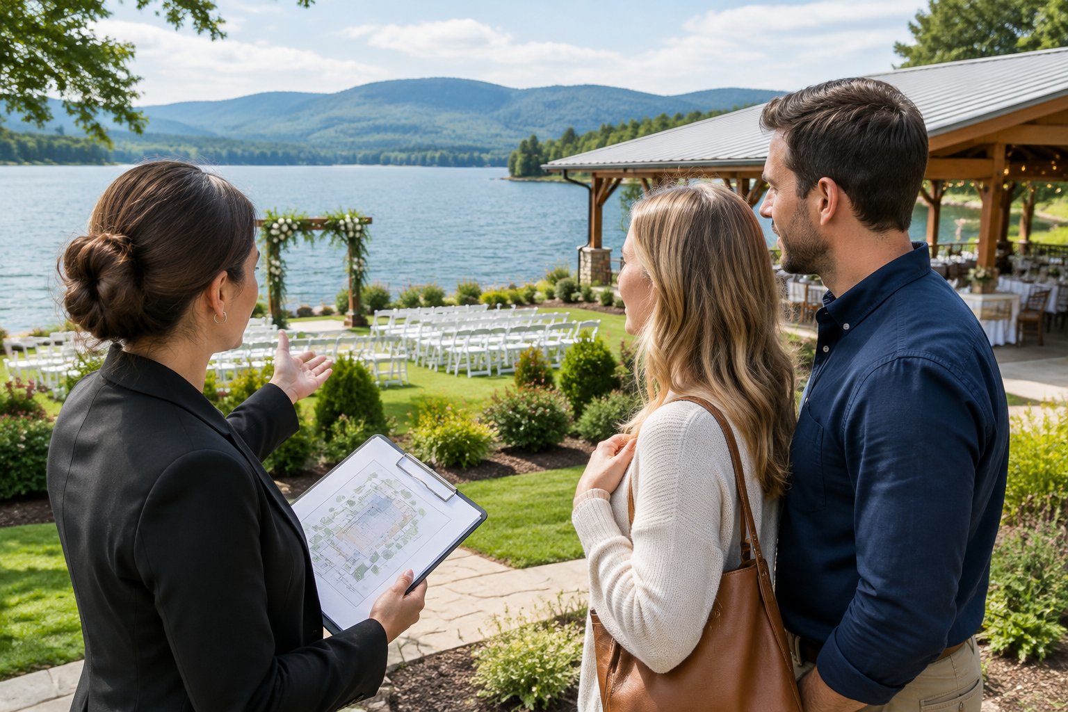 A couple reviews a venue plan with a coordinator beside a lake.