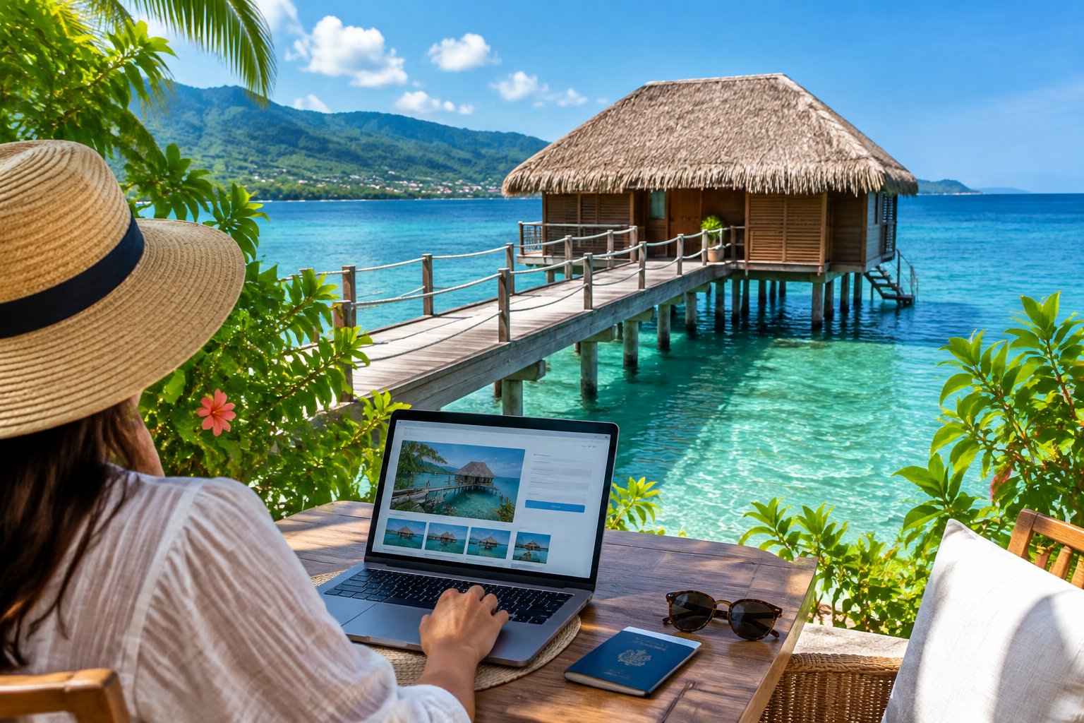 A traveler uses a laptop beside a turquoise lagoon, with an overwater bungalow nearby.