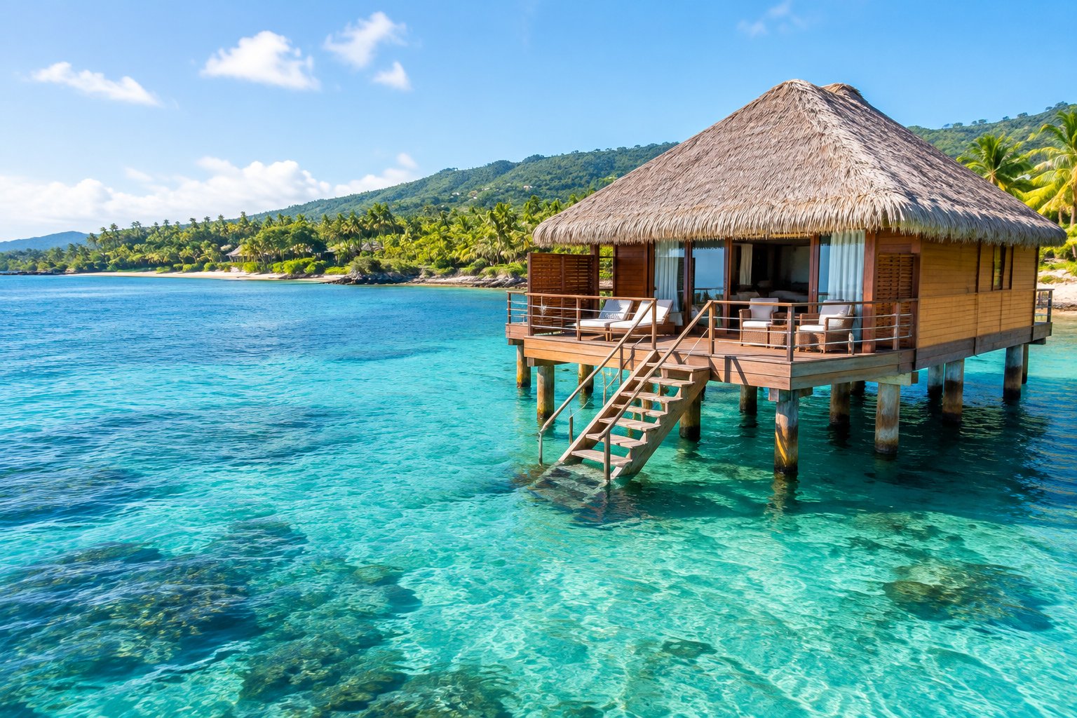 A wooden bungalow stands over clear turquoise water beside a palm-lined Jamaican coast.