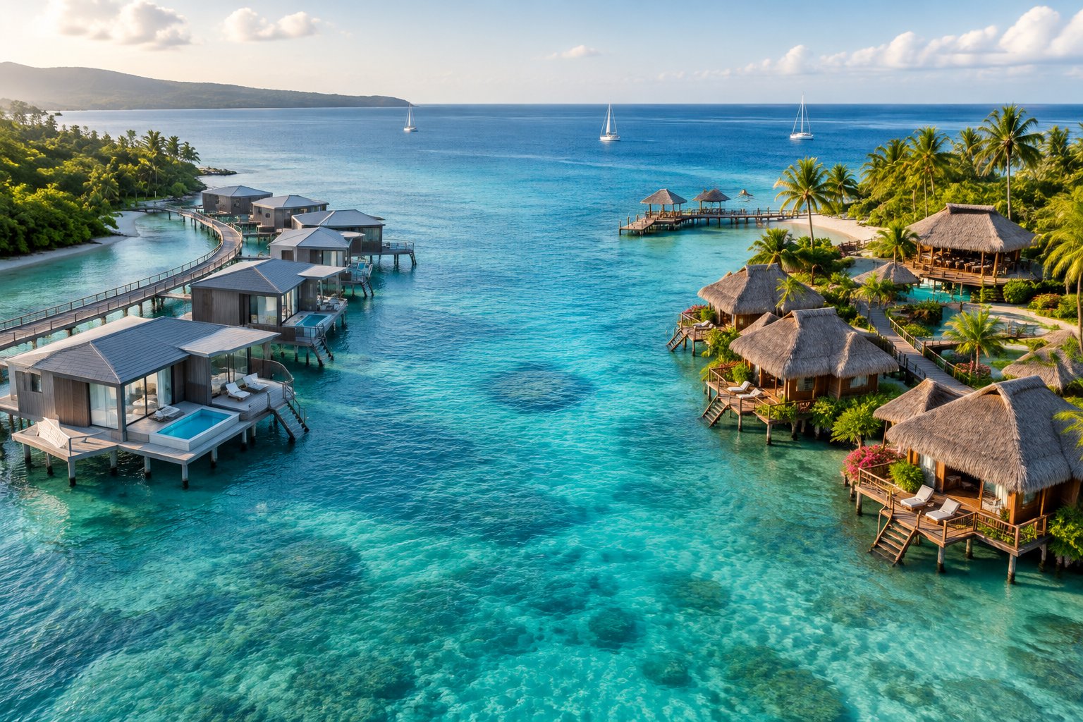 Two different overwater bungalow resorts beside a turquoise Jamaican lagoon.