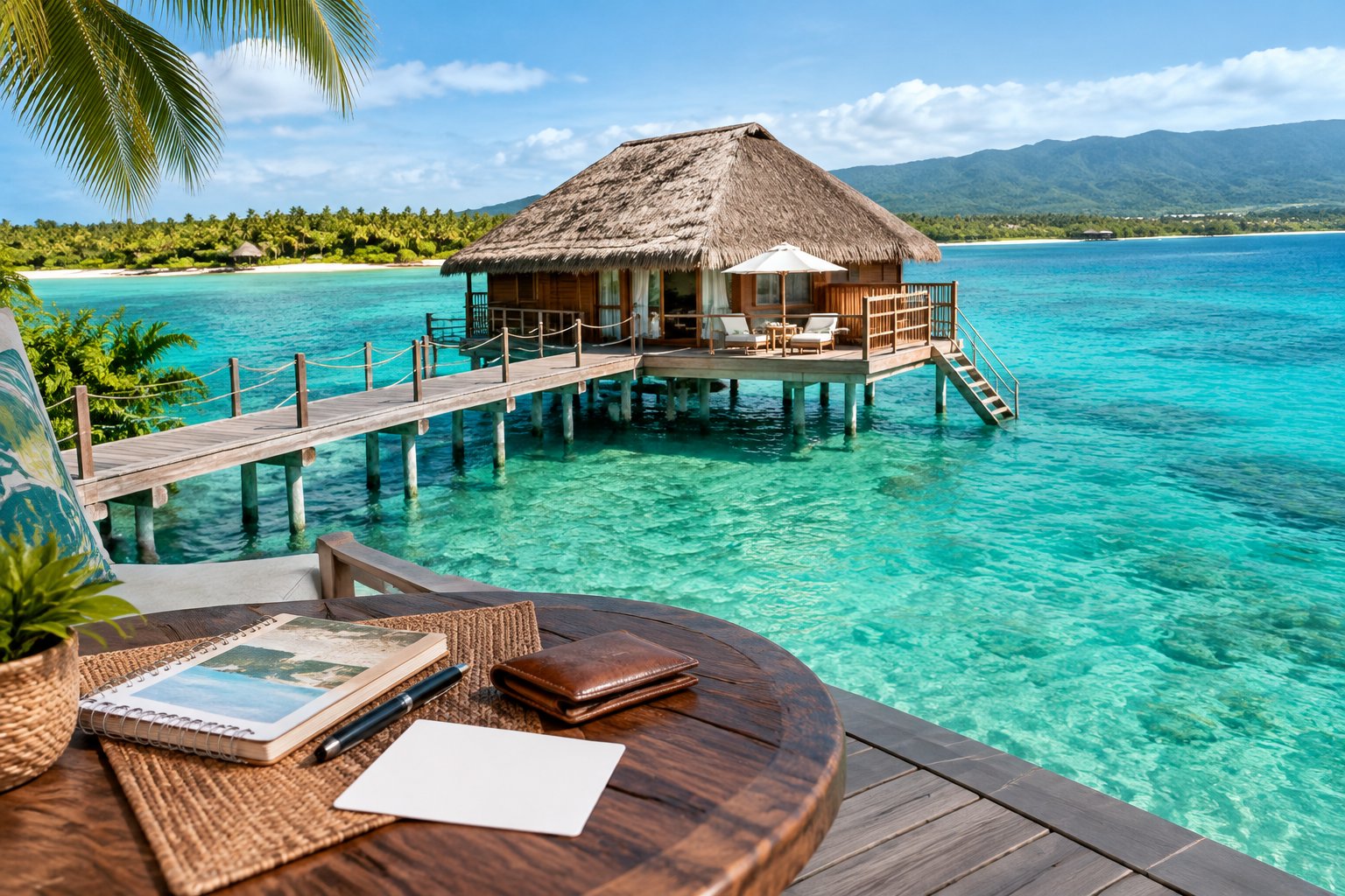 An overwater bungalow above clear turquoise water in Jamaica.