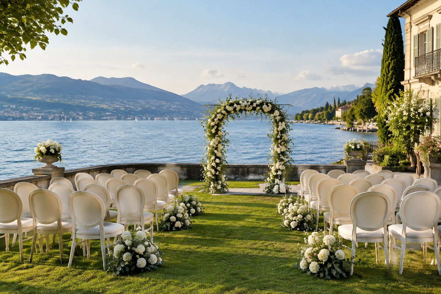 An outdoor wedding ceremony setup beside Lake Zurich, with chairs, flowers, and a lakeside villa.