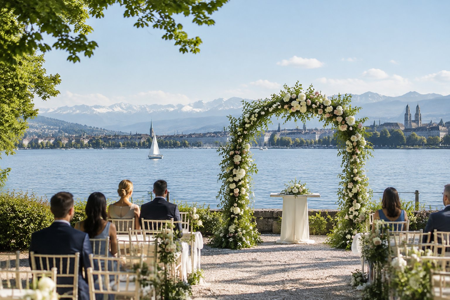 An outdoor wedding ceremony beside Lake Zurich, with flowers, guests, and the city in the distance.