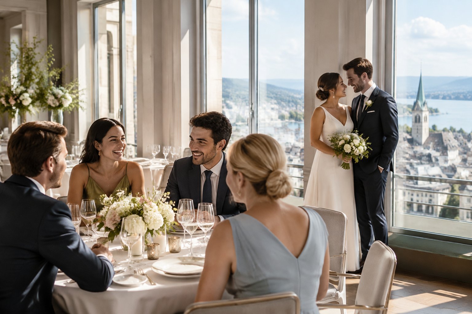 A couple and guests gather in a bright city wedding venue overlooking Zurich.