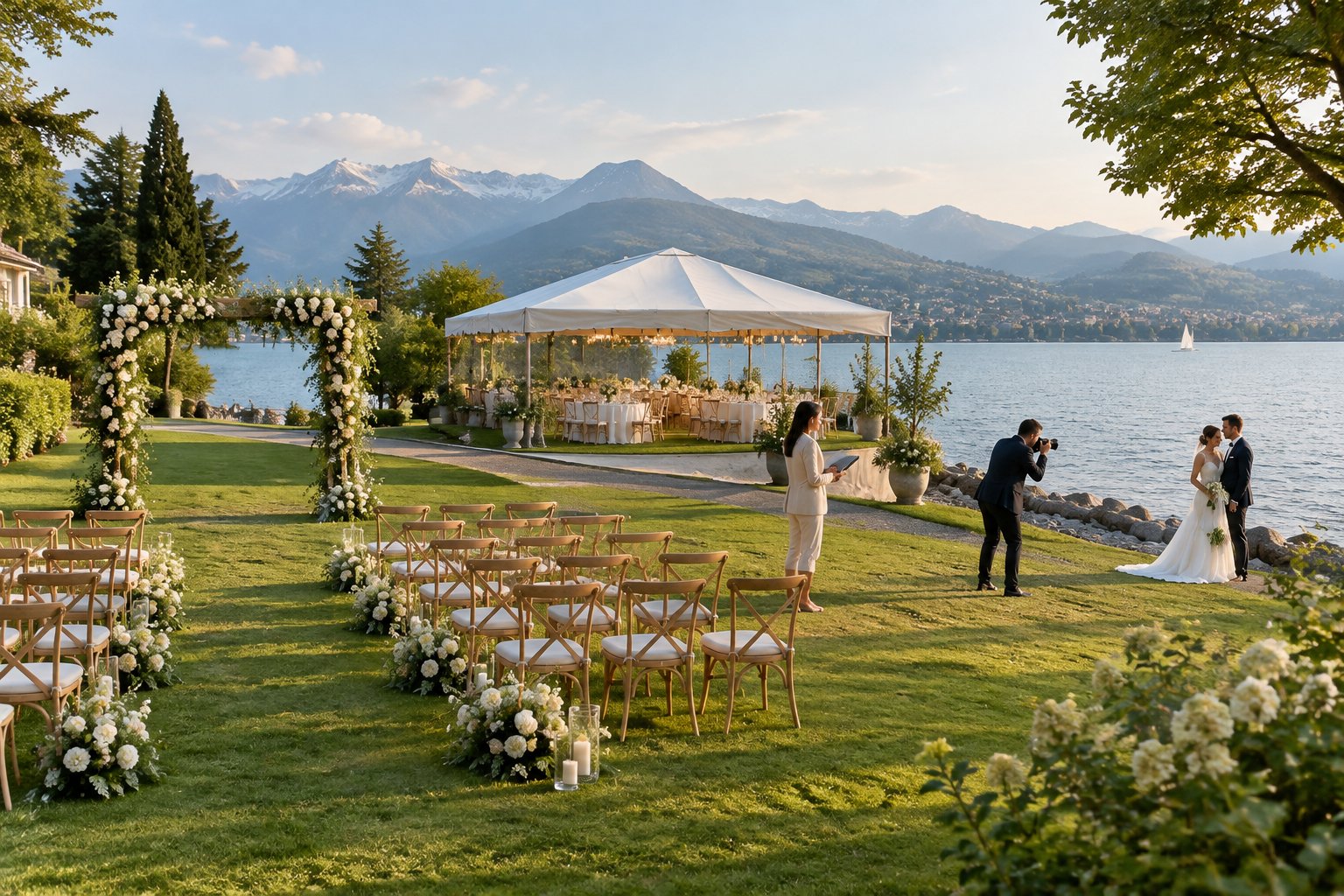 A wedding ceremony and reception set up beside a lake as a couple poses for photographs.