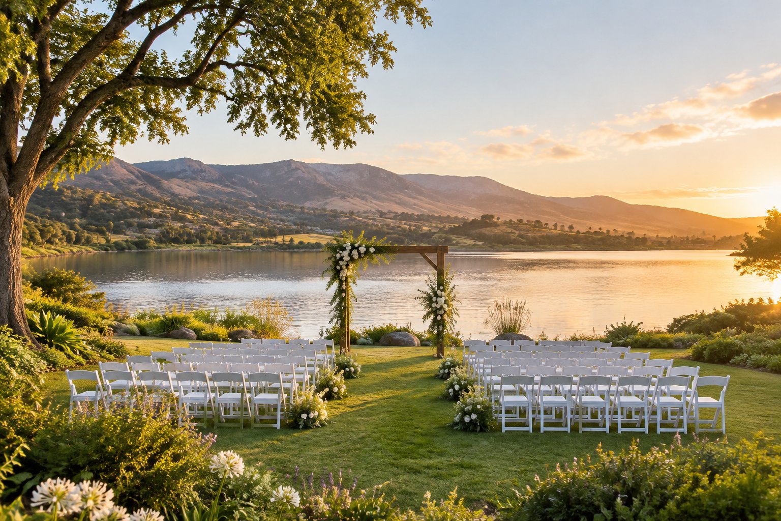 A wedding ceremony setup beside a lake, surrounded by greenery and sunlit hills.