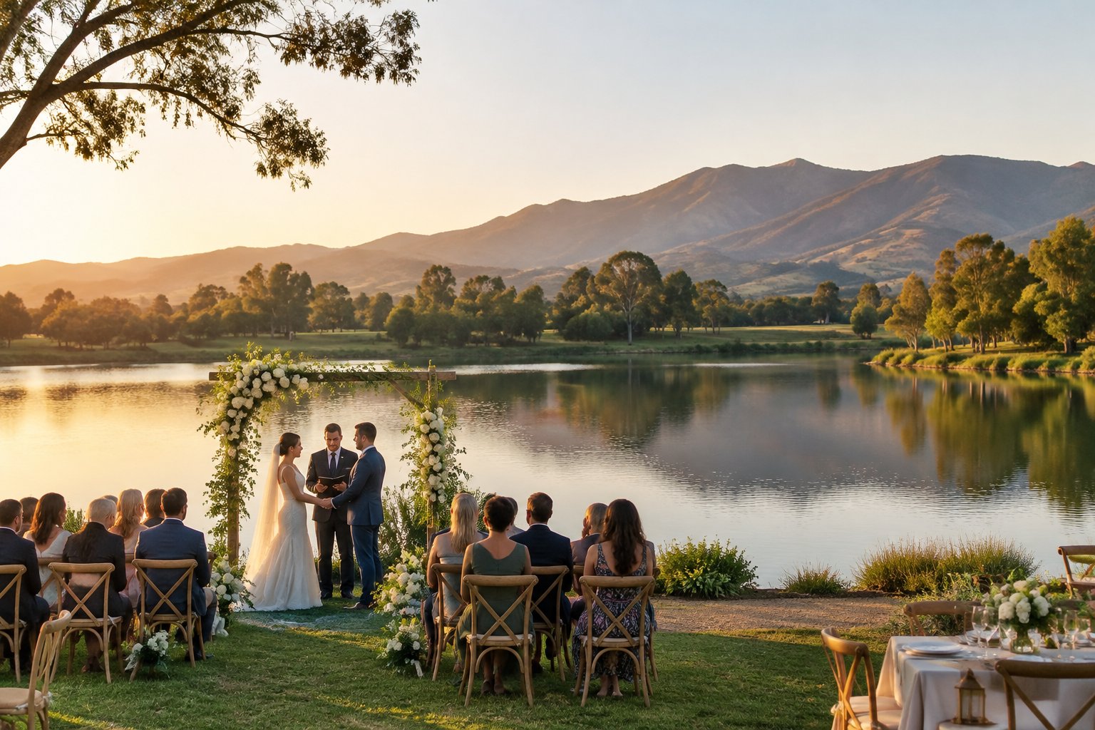 An outdoor wedding ceremony beside a calm lake with mountains in the distance.