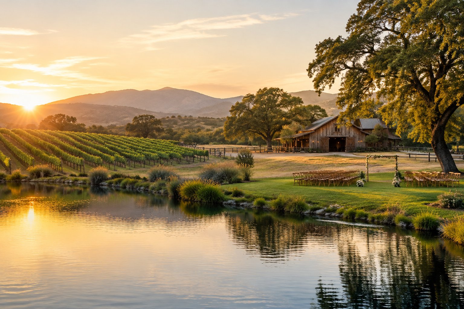A lakeside wedding setting between vineyard rows and a rustic ranch barn.