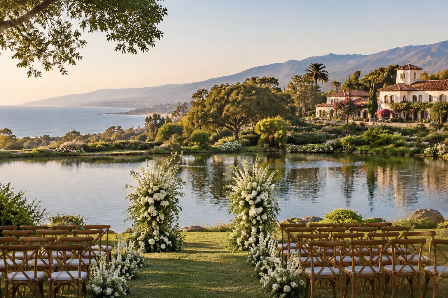 A lakeside wedding setup with a garden and historic Spanish-style estate in the distance.