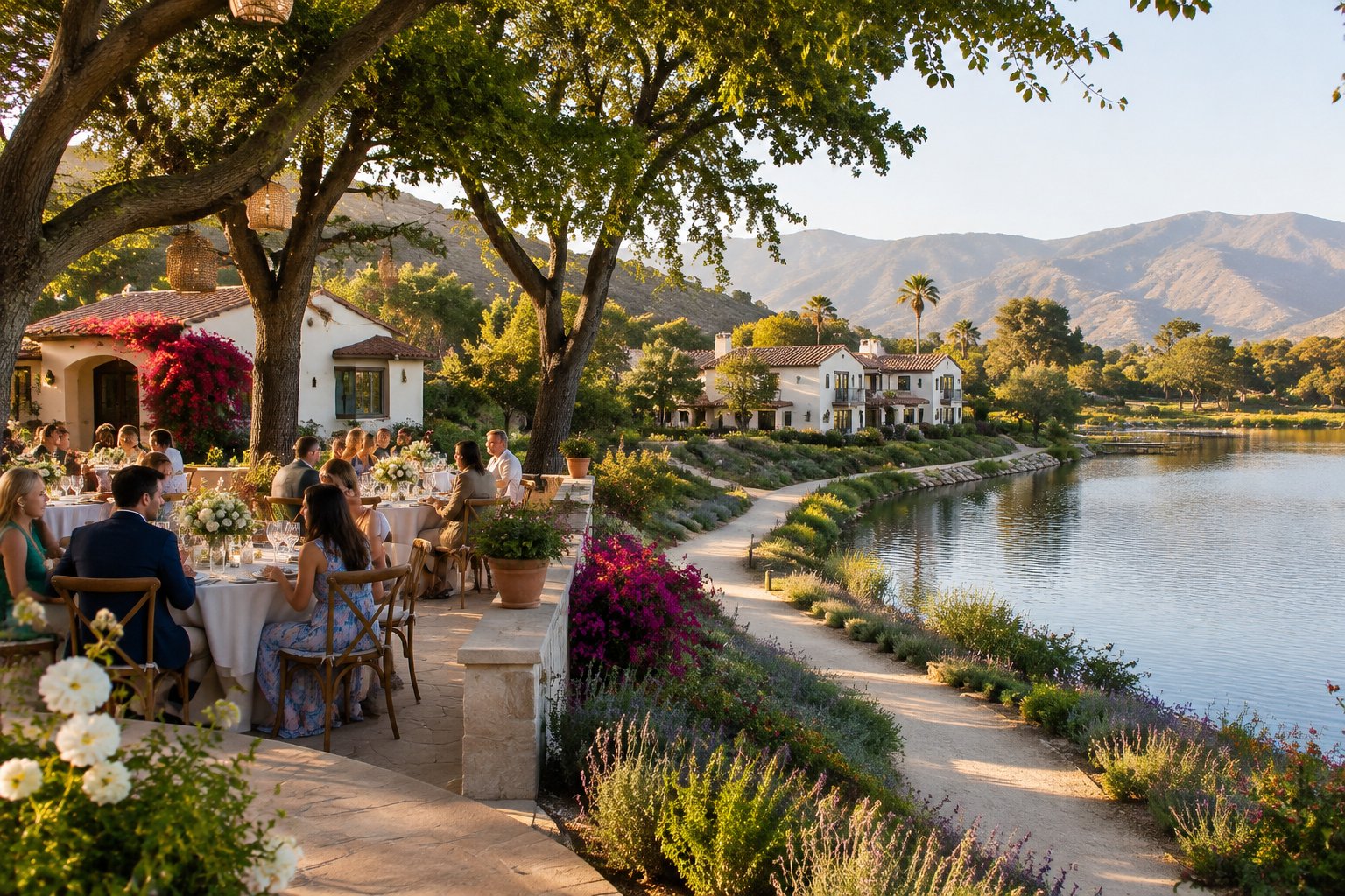 Guests dine on a lakeside terrace beside a Santa Barbara wedding estate.
