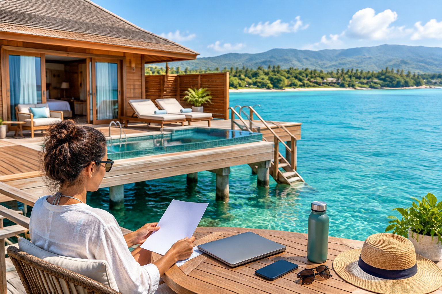A traveler reviews a blank sheet of paper on a deck beside a Jamaican overwater bungalow.