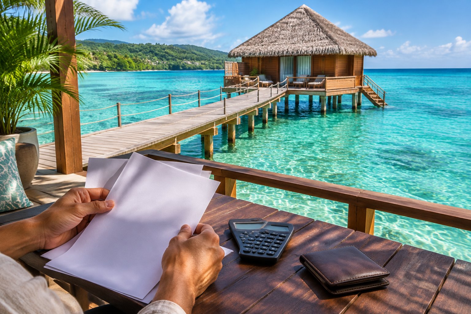 A traveler reviews papers beside a calculator on a deck overlooking an overwater bungalow in Jamaica.