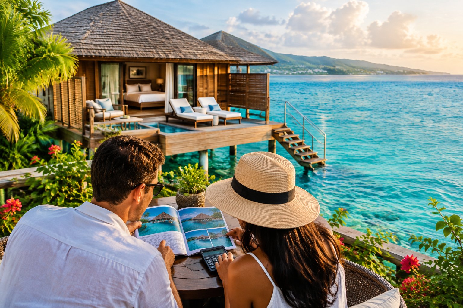 A couple plans a trip beside an overwater bungalow in Jamaica.
