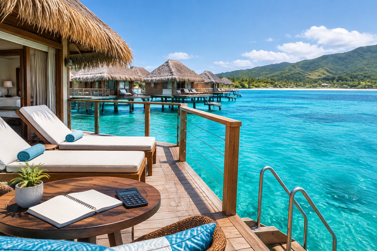 Overwater bungalows above turquoise water beside Jamaica’s green coastline.