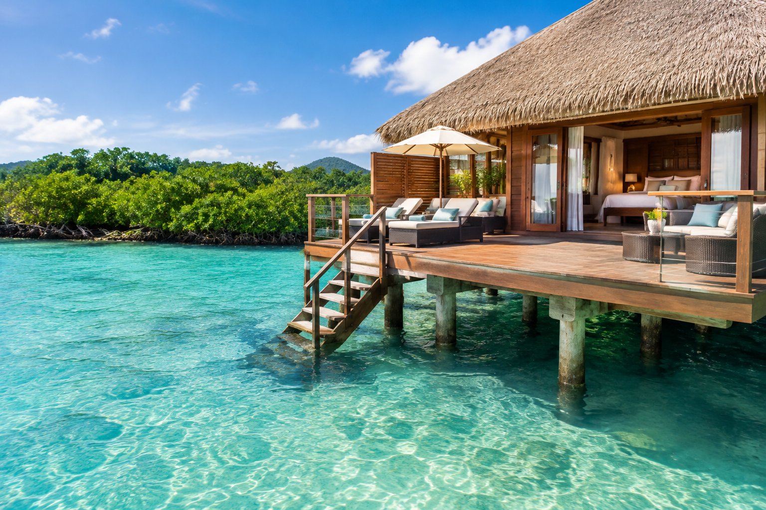 An overwater bungalow beside a lush mangrove shoreline in Jamaica.