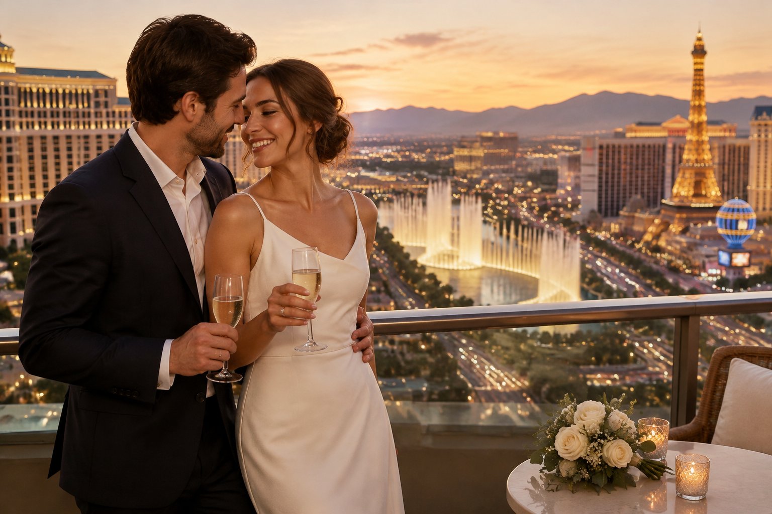 A newlywed couple shares a romantic moment on a hotel balcony overlooking the Las Vegas Strip.
