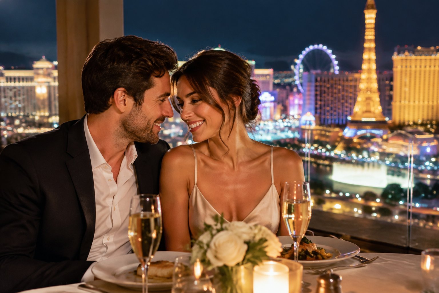 A couple shares a romantic dinner overlooking the Las Vegas Strip.