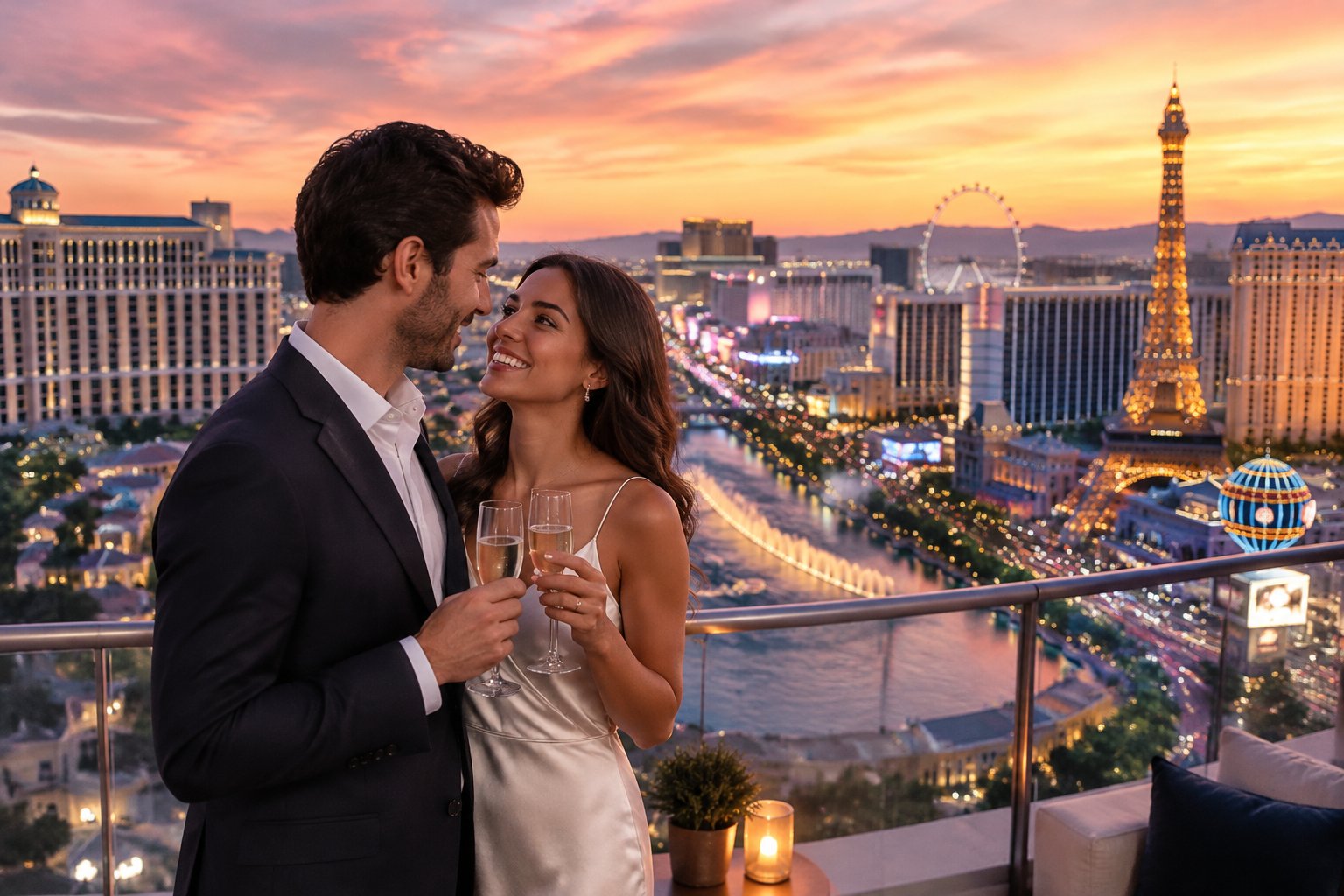 A newlywed couple shares a champagne toast on a rooftop overlooking the Las Vegas Strip at sunset.