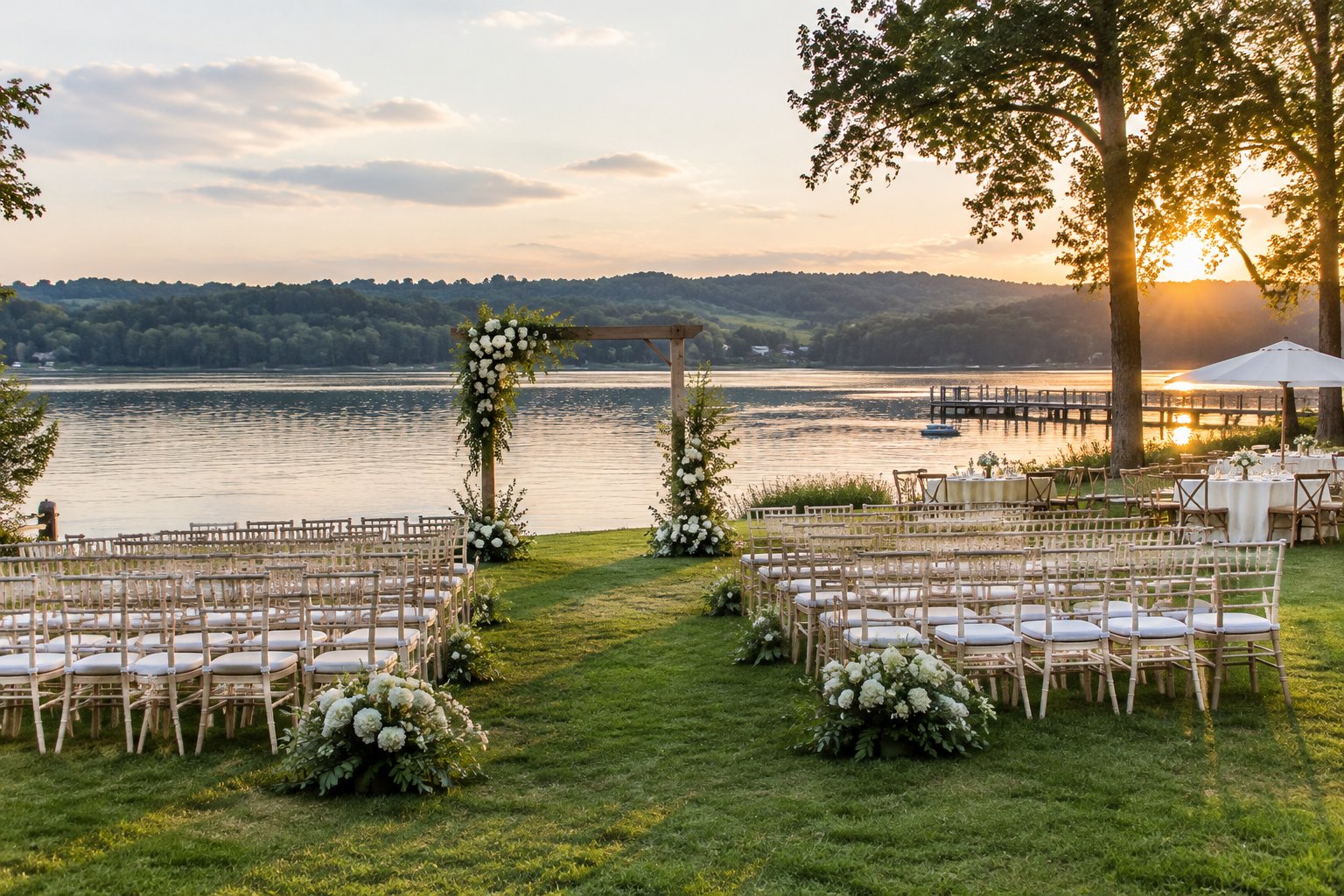 An outdoor wedding ceremony setup on a lawn beside a calm lake.