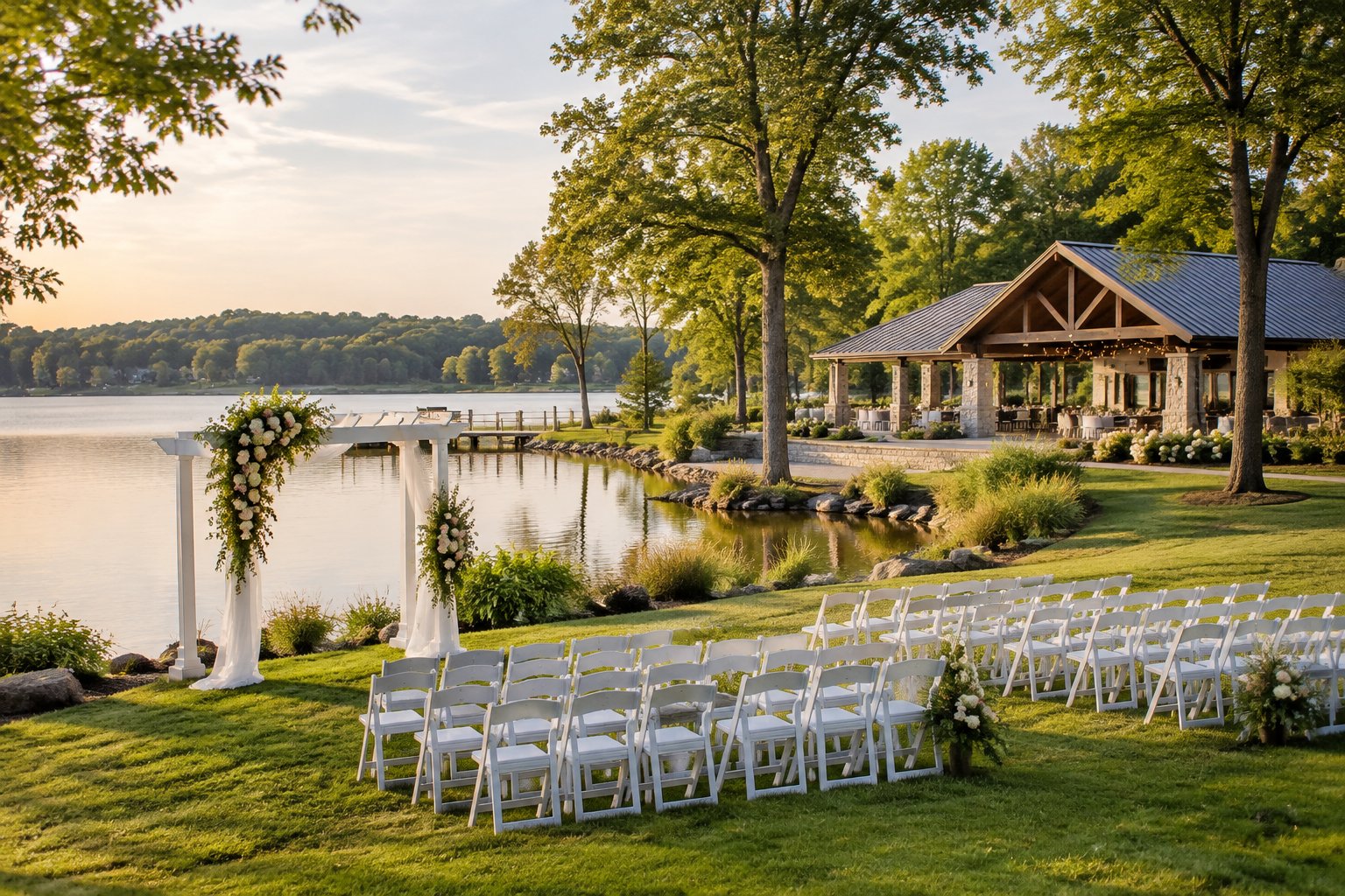 A wedding ceremony setup beside a calm lake, with chairs, a floral arbor, and a pavilion among trees.