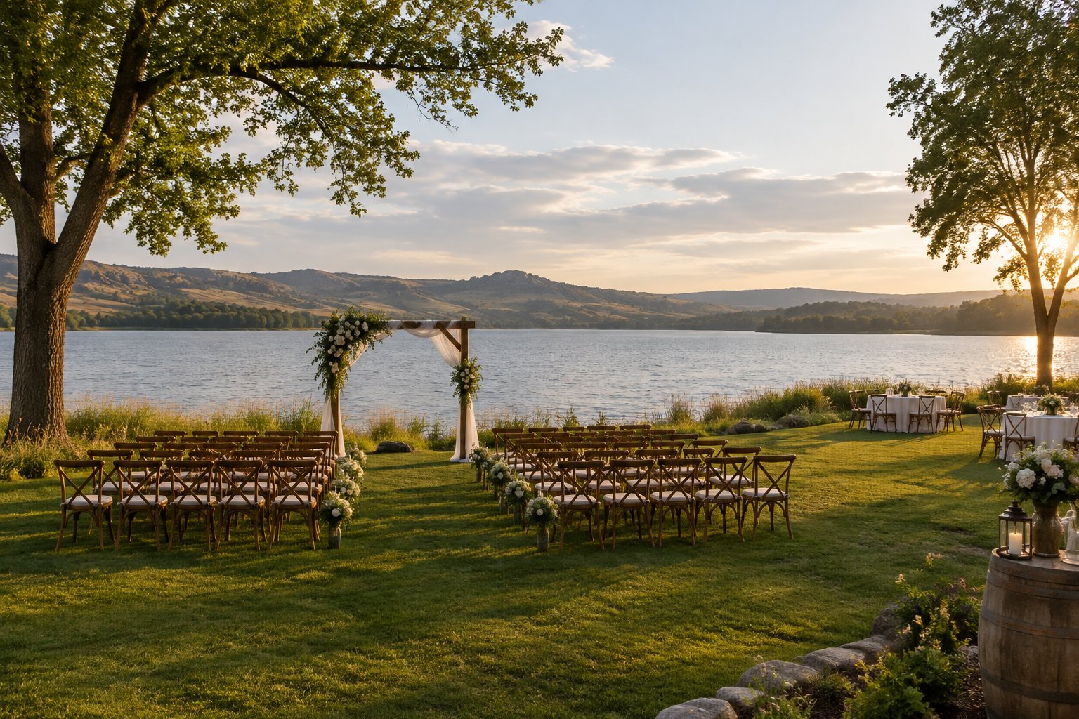 A wedding ceremony setup beside a calm lake.
