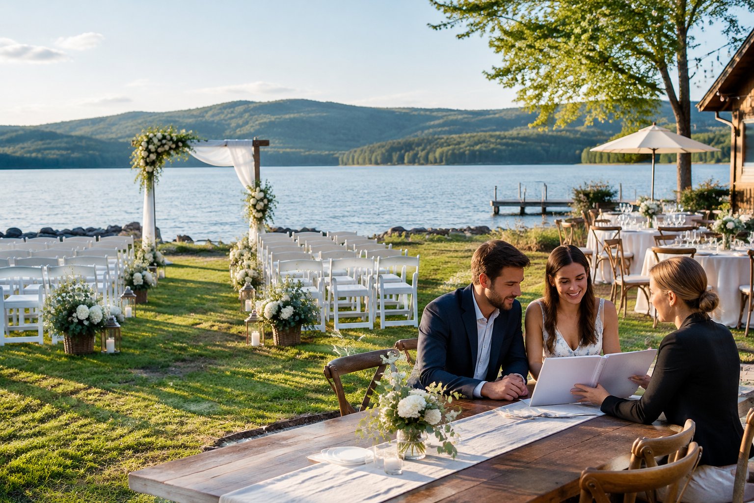 A couple and wedding planner review papers beside a lakeside ceremony setup.