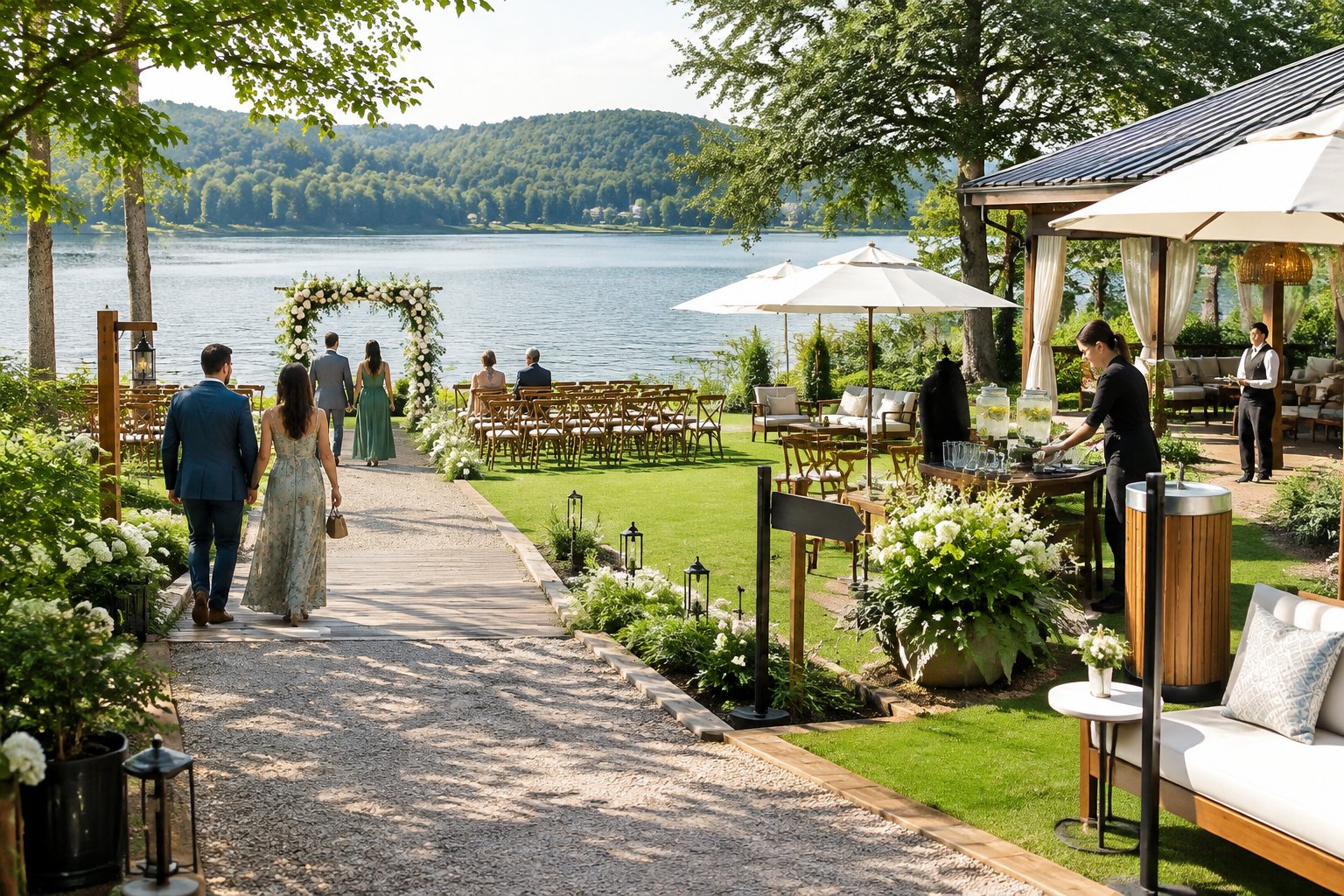 Wedding guests arrive at a lakeside ceremony along a path beside the lake.