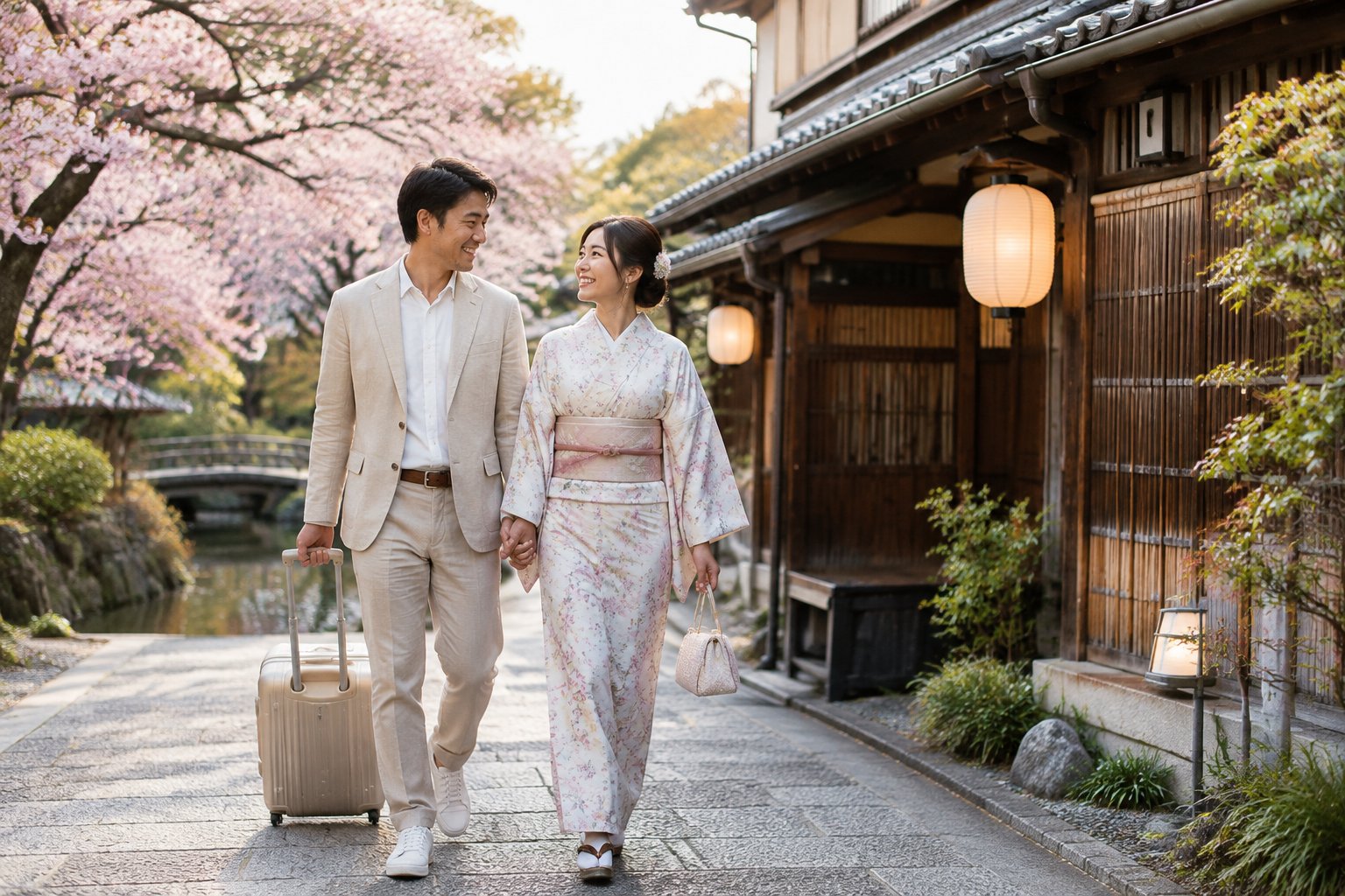 A newlywed couple strolls hand in hand beneath cherry blossoms on a traditional Kyoto street.