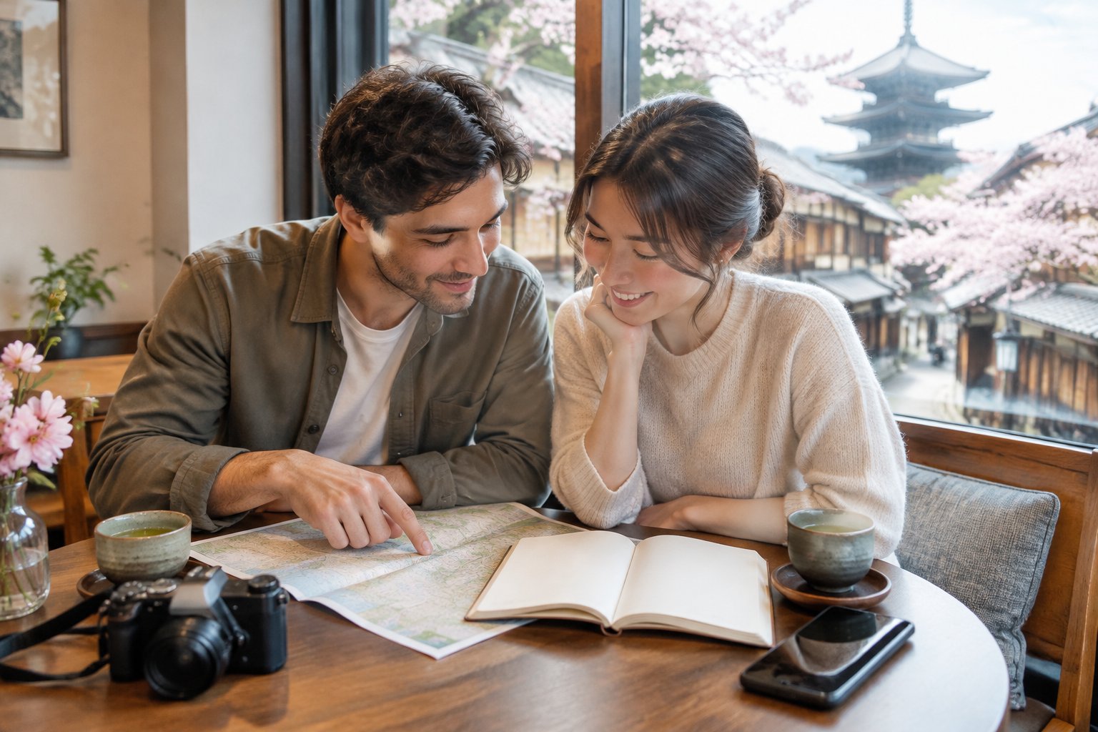 A couple plans their honeymoon itinerary at a café in Kyoto.