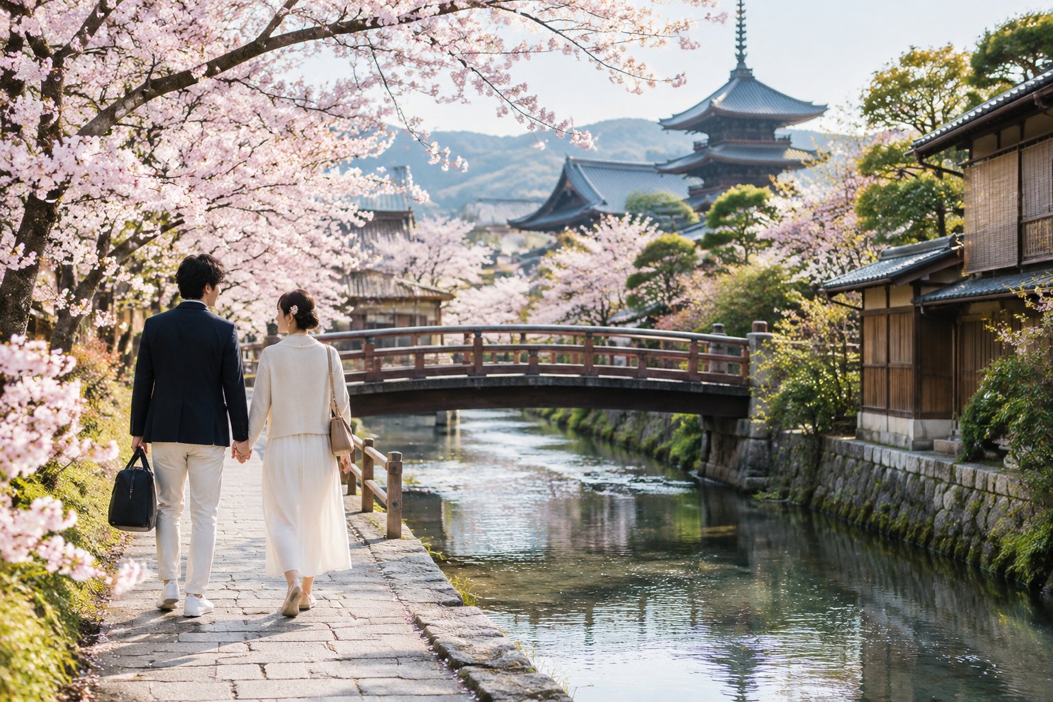 A couple walks hand in hand beside a Kyoto canal beneath cherry blossoms.