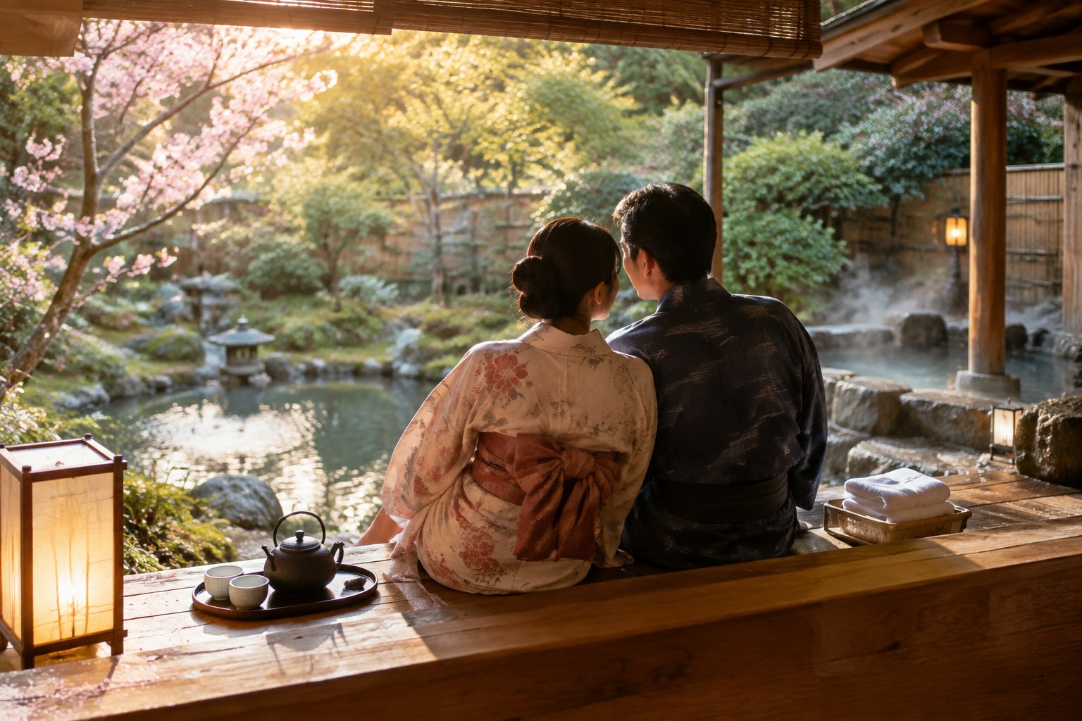 A couple in yukata robes relaxes on a ryokan veranda overlooking a Japanese garden.