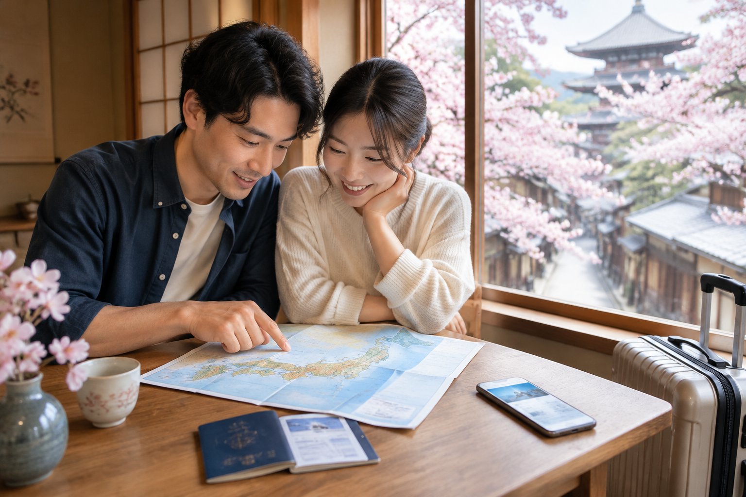 A couple plans their Japan honeymoon at a table beside a Kyoto street lined with cherry blossoms.
