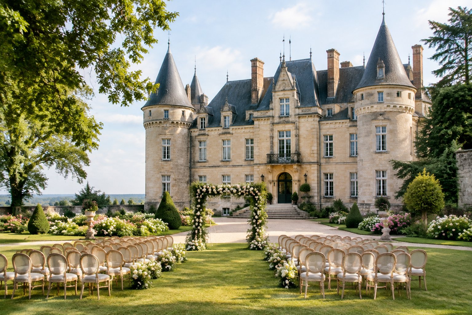 A castle wedding venue with an outdoor ceremony setup in its garden.