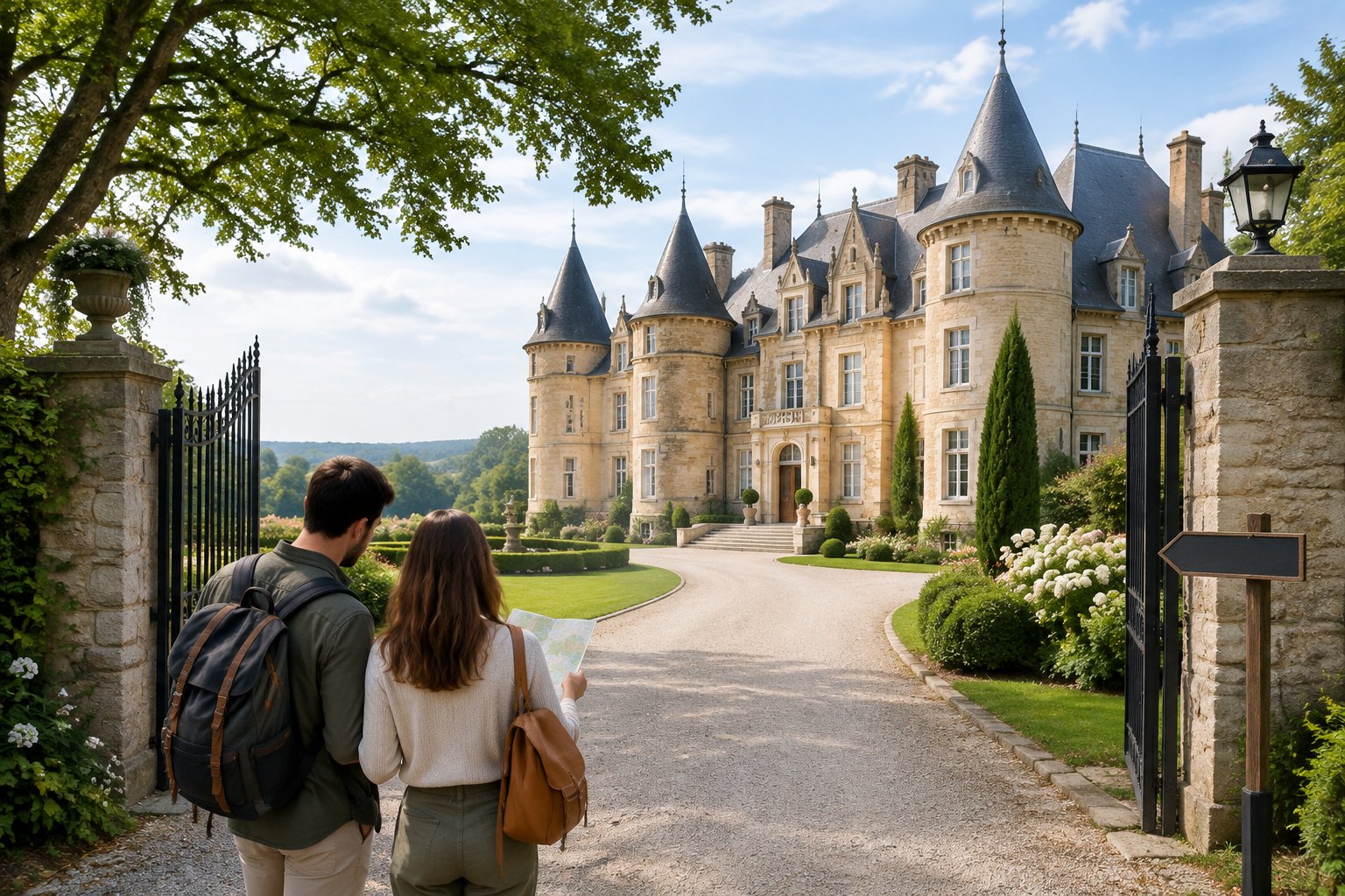 Visitors consult a map while approaching a stone château through its garden entrance.