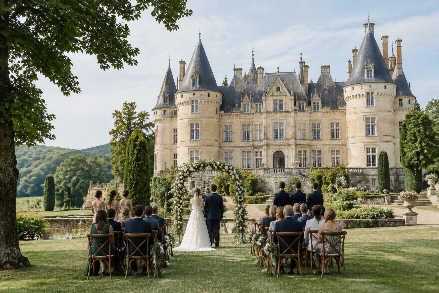 A couple stands at an outdoor wedding ceremony in front of a château.