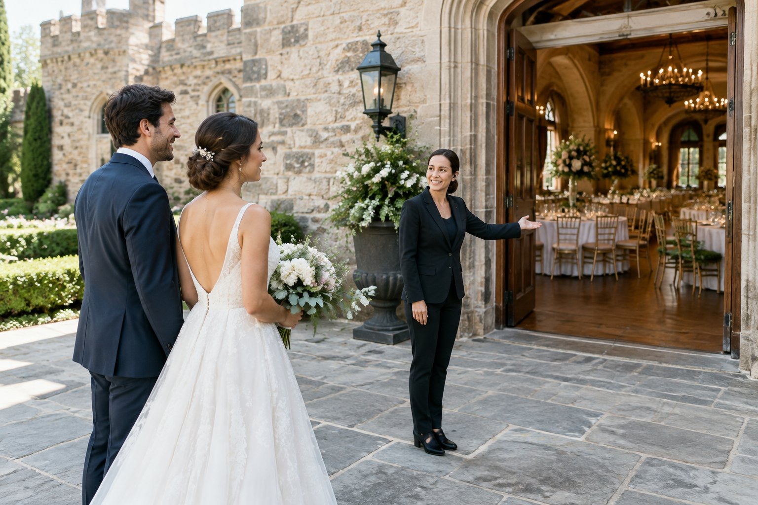 A couple explores a castle courtyard with a venue coordinator as a wedding reception hall is visible behind them.