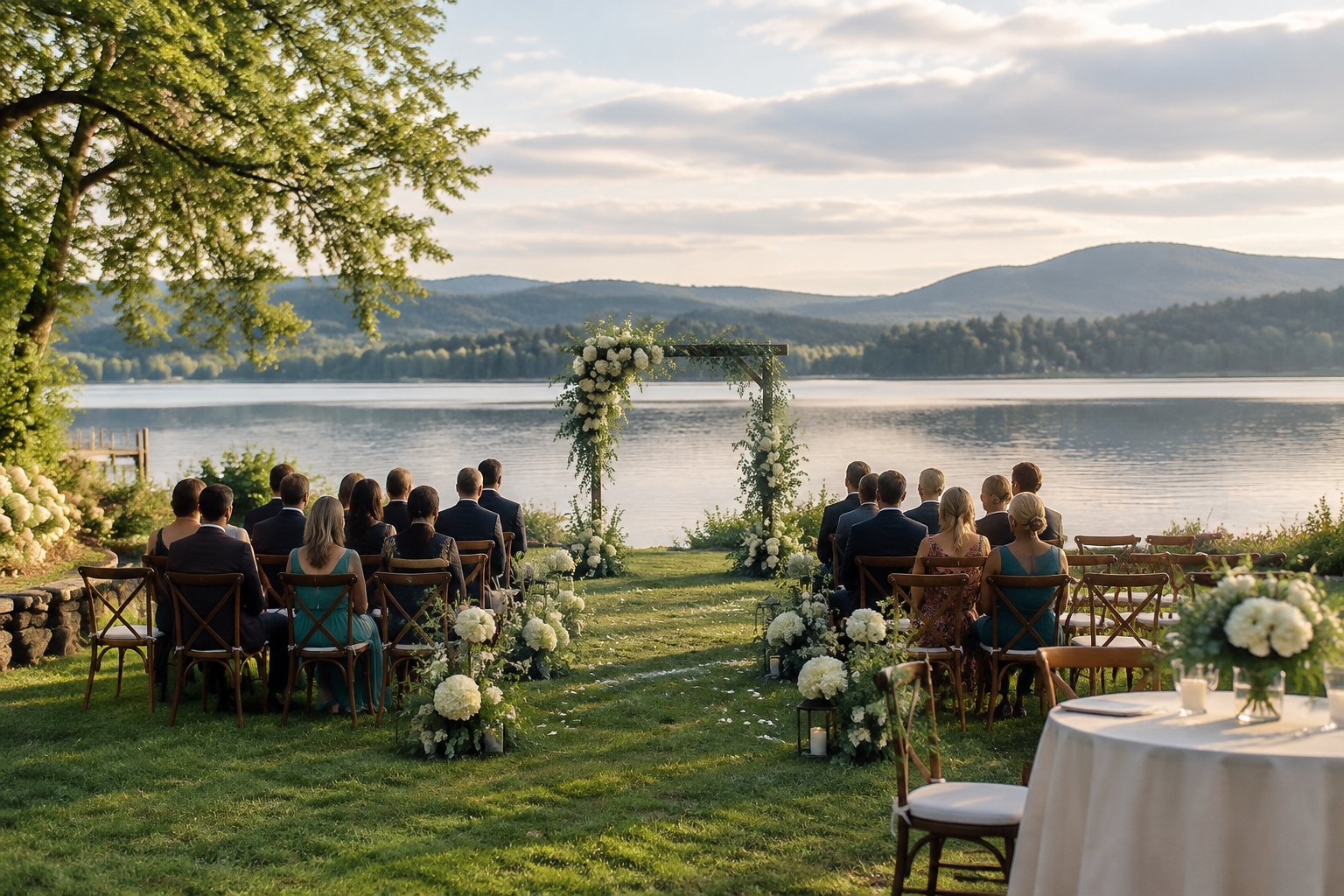 A wedding ceremony setup beside a calm lake.